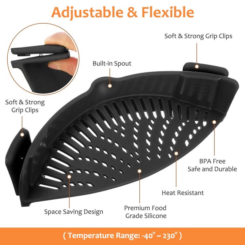 YEVIOR Clip on Strainer for Pots Pan Pasta Strainer  Silicone Food Strainer Hands-Free Pan Strainer  Clip-on Kitchen Food Strainer for Spaghetti  Pasta  Ground Beef Fits All Bowls and Pots (Black) - Image 2
